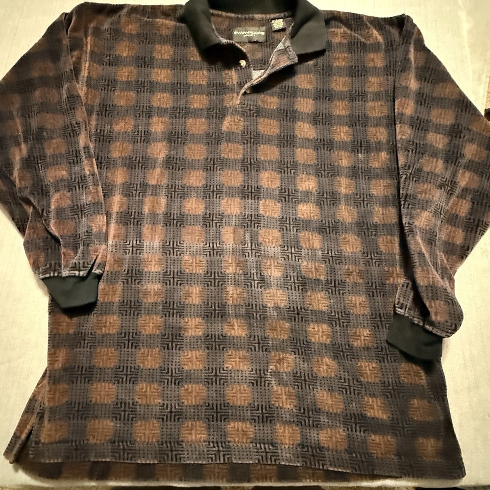 Evan Picone Sport Mens Large Polo Shirt Brown Geometric Long Sleeve Retro